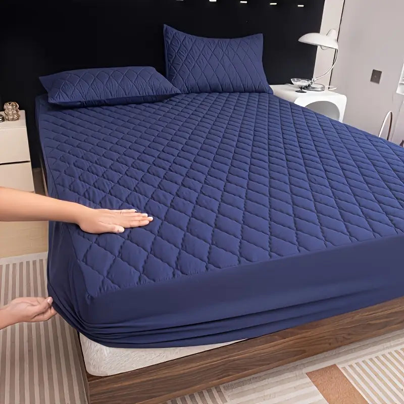 Quilted  Fitted Protector Double Bed-Blue